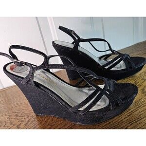 Caparros Shiloh Platform Evening Wedge Black Sandals Size 8.5 pre-owned not worn